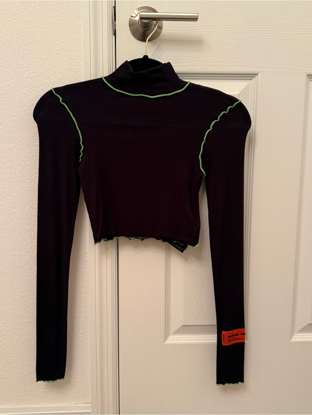 Heron Preston Black Cropped Mock Neck Top with Green Contrast Stitching